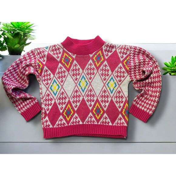 Vintage Grand Knitwear Pink Pattern Houndstooth Sweater Kids Made In USA 4/5 - Picture 2 of 4